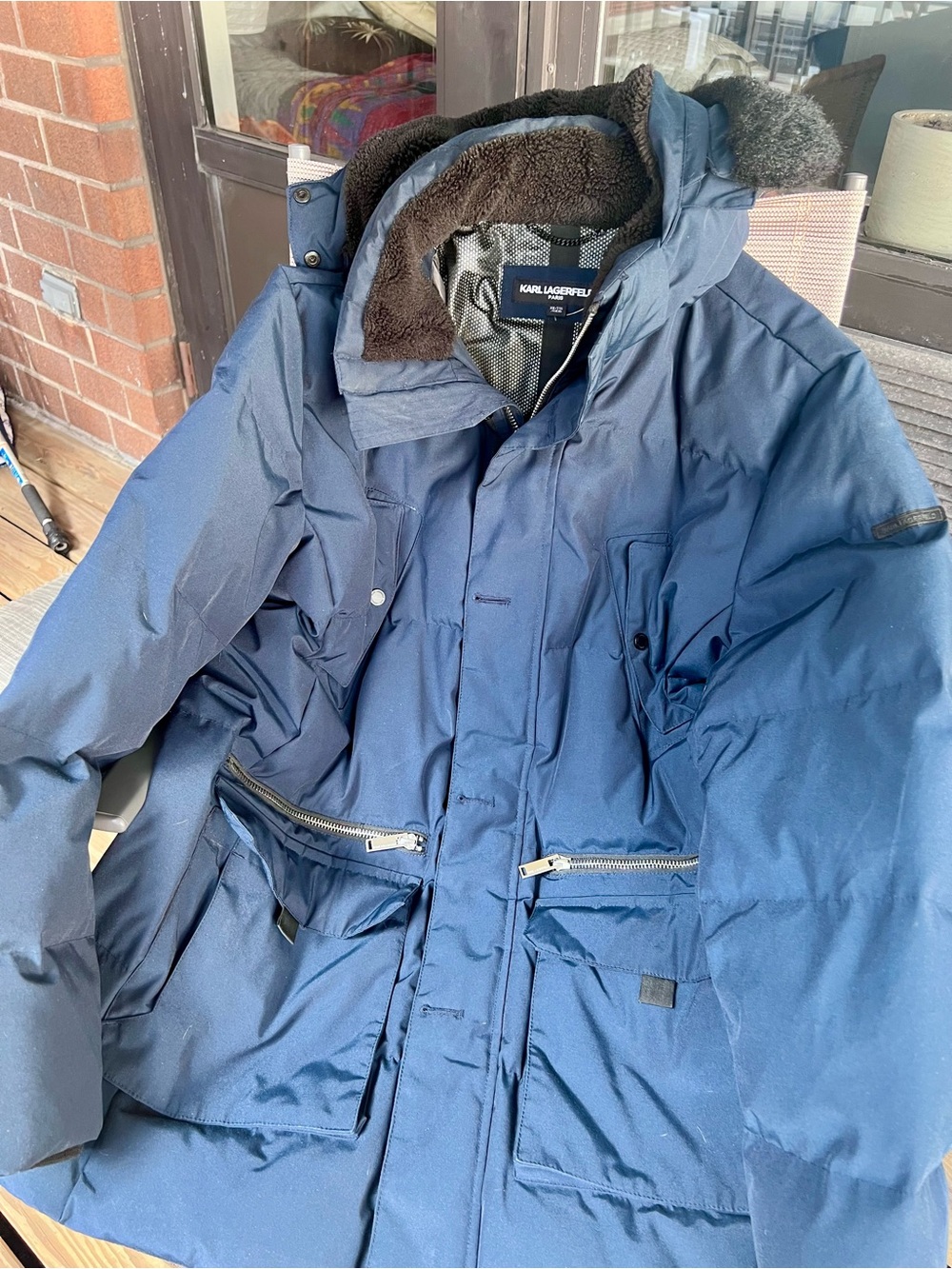 Karl Lagerfeld Men’s Navy Blue Puffer Parka with Hood